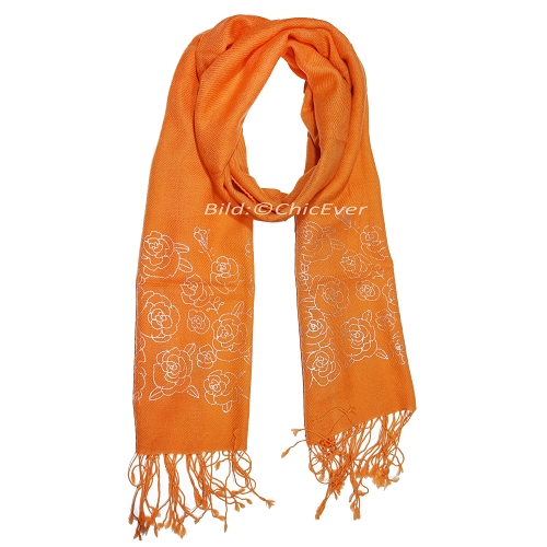 Schöner Schal aus 100% Wolle, 40cmx190cm, Rosen-Motiv, orange - zum Schließen ins Bild klicken